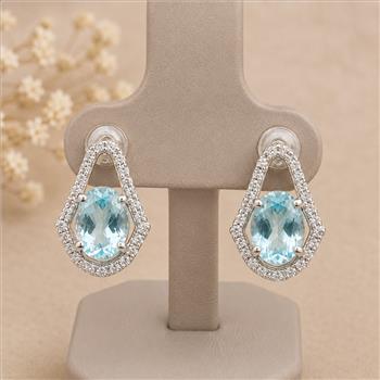 925 Sterling Silver 3.44 Ct Oval Blue Topaz White Zircon Earrings