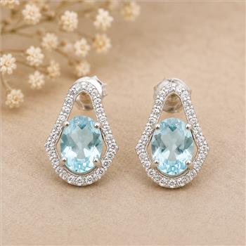 925 Sterling Silver 3.44 Ct Oval Blue Topaz White Zircon Earrings
