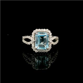 925 Sterling Silver 3.47 Ct Octagon Blue Topaz White Zircon Ring 7 US Ring Size
