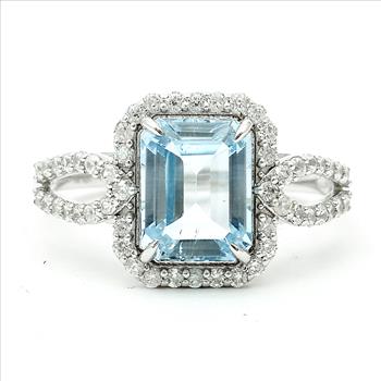 925 Sterling Silver 3.47 Ct Octagon Blue Topaz White Zircon Ring 7 US Ring Size