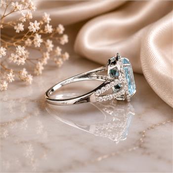 925 Sterling Silver 3.47 Ct Octagon Blue Topaz White Zircon Ring 7 US Ring Size