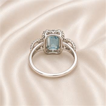 925 Sterling Silver 3.47 Ct Octagon Blue Topaz White Zircon Ring 7 US Ring Size
