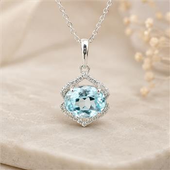 925 Sterling Silver 3.51 Ct Oval Blue Topaz White Zircon Pendant