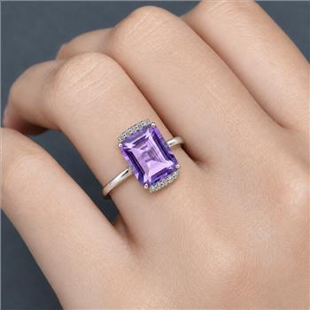 925 Sterling Silver 3.53 Ct Octagon Amethyst White Zircon Ring 7 US Ring Size