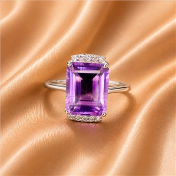 925 Sterling Silver 3.53 Ct Octagon Amethyst White Zircon Ring 7 US Ring Size