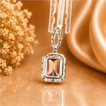 925 Sterling Silver 3.56 Ct Octagon Pink Topaz White Zircon Pendant