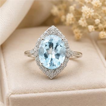 925 Sterling Silver 3.57 Ct Oval Blue Topaz White Zircon Ring 7 US Ring Size