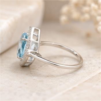 925 Sterling Silver 3.57 Ct Oval Blue Topaz White Zircon Ring 7 US Ring Size