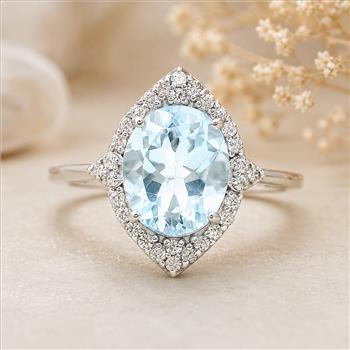 925 Sterling Silver 3.57 Ct Oval Blue Topaz White Zircon Ring 7 US Ring Size
