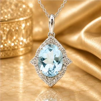 925 Sterling Silver 3.58 Ct Oval Blue Topaz White Zircon Pendant