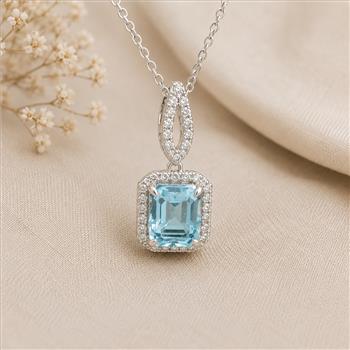925 Sterling Silver 3.70 Ct Octagon Blue Topaz White Zircon Pendant