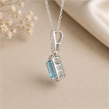 925 Sterling Silver 3.70 Ct Octagon Blue Topaz White Zircon Pendant
