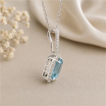 925 Sterling Silver 3.70 Ct Octagon Blue Topaz White Zircon Pendant