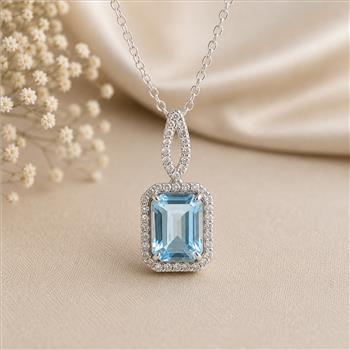 925 Sterling Silver 3.70 Ct Octagon Blue Topaz White Zircon Pendant