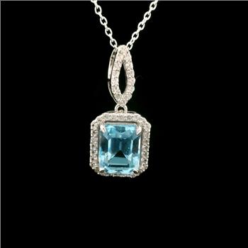 925 Sterling Silver 3.70 Ct Octagon Blue Topaz White Zircon Pendant