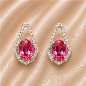 925 Sterling Silver 3.77 Ct Oval Pink Topaz White Zircon Earrings