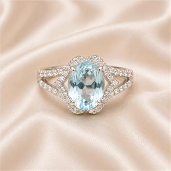 925 Sterling Silver 3.80 Ct Oval Blue Topaz White Zircon Ring 7 US Ring Size