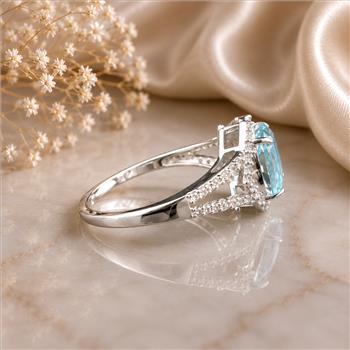 925 Sterling Silver 3.80 Ct Oval Blue Topaz White Zircon Ring 7 US Ring Size