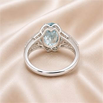 925 Sterling Silver 3.80 Ct Oval Blue Topaz White Zircon Ring 7 US Ring Size