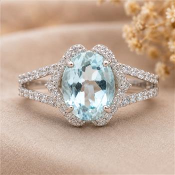 925 Sterling Silver 3.80 Ct Oval Blue Topaz White Zircon Ring 7 US Ring Size