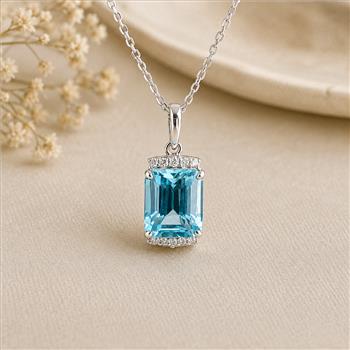 925 Sterling Silver 4.02 Ct Octagon Blue Topaz White Zircon Pendant