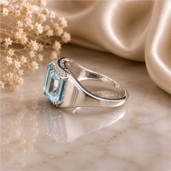 925 Sterling Silver 4.17 Ct Octagon Blue Topaz White Zircon Ring 7 US Ring Size