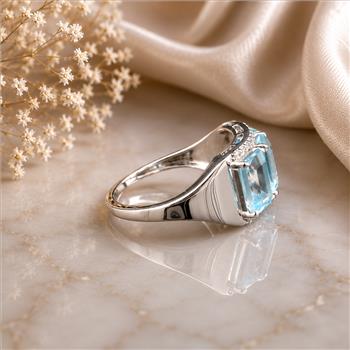 925 Sterling Silver 4.17 Ct Octagon Blue Topaz White Zircon Ring 7 US Ring Size