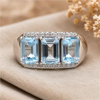925 Sterling Silver 4.17 Ct Octagon Blue Topaz White Zircon Ring 7 US Ring Size