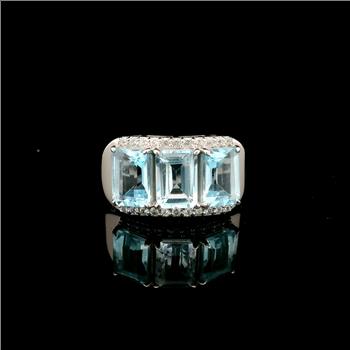 925 Sterling Silver 4.17 Ct Octagon Blue Topaz White Zircon Ring