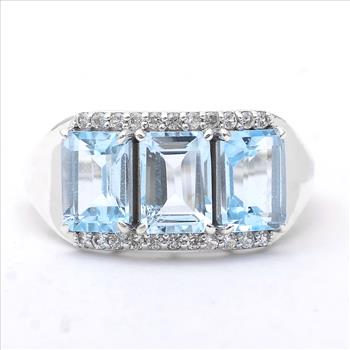 925 Sterling Silver 4.17 Ct Octagon Blue Topaz White Zircon Ring