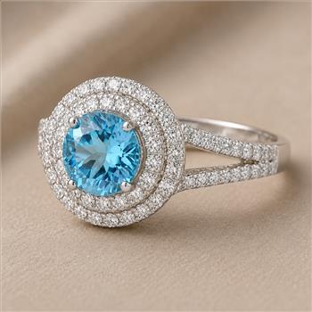 925 Sterling Silver 4.27 Ct Round Blue Topaz Cubic Zirconia Ring 7 US Ring Size