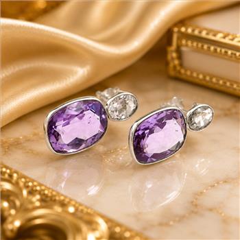 925 Sterling Silver 42.70 Ct Cushion Amethyst Earrings