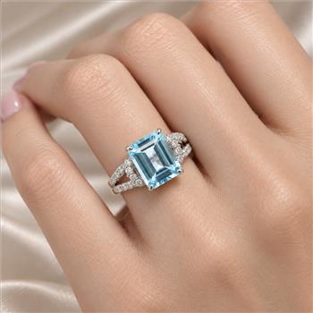 925 Sterling Silver 4.33 Ct Octagon Blue Topaz White Zircon Ring 7 US Ring Size