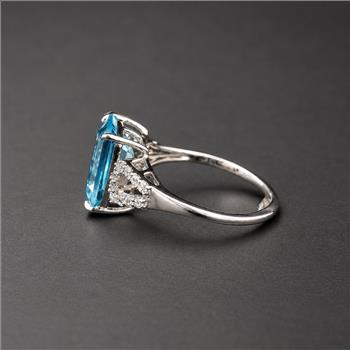 925 Sterling Silver 4.33 Ct Octagon Blue Topaz White Zircon Ring 7 US Ring Size