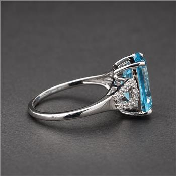 925 Sterling Silver 4.33 Ct Octagon Blue Topaz White Zircon Ring 7 US Ring Size