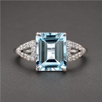 925 Sterling Silver 4.33 Ct Octagon Blue Topaz White Zircon Ring 7 US Ring Size