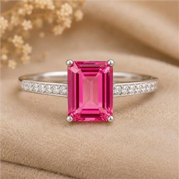 925 Sterling Silver 4.42 Ct Octagon Pink Topaz Cubic Zirconia Ring 7 US Ring Size