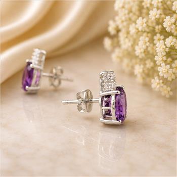 925 Sterling Silver 4.51 Ct Oval Amethyst White Zircon Earrings