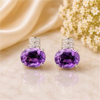 925 Sterling Silver 4.51 Ct Oval Amethyst White Zircon Earrings