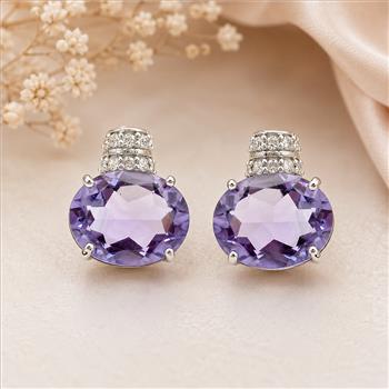 925 Sterling Silver 4.51 Ct Oval Amethyst White Zircon Earrings