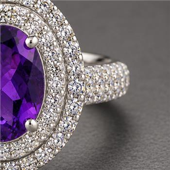 925 Sterling Silver 4.54 Ct Oval Created Amethyst Cubic Zirconia Ring 7 US Ring Size