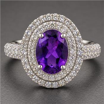 925 Sterling Silver 4.54 Ct Oval Created Amethyst Cubic Zirconia Ring 7 US Ring Size