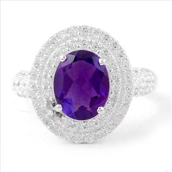 925 Sterling Silver 4.54 Ct Oval Created Amethyst Cubic Zirconia Ring 7 US Ring Size