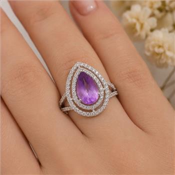 925 Sterling Silver 4.61 Ct Pear Amethyst Cubic Zirconia Ring 7 US Ring Size