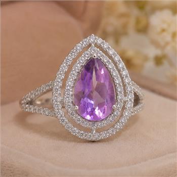 925 Sterling Silver 4.61 Ct Pear Amethyst Cubic Zirconia Ring 7 US Ring Size