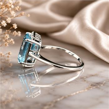 925 Sterling Silver 4.67 Ct Octagon Blue Topaz White Zircon Ring 7 US Ring Size