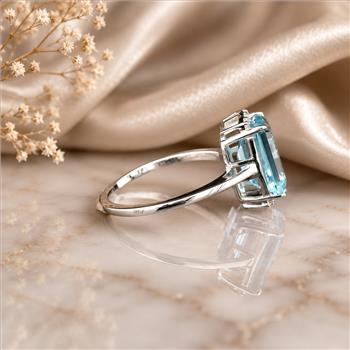 925 Sterling Silver 4.67 Ct Octagon Blue Topaz White Zircon Ring 7 US Ring Size