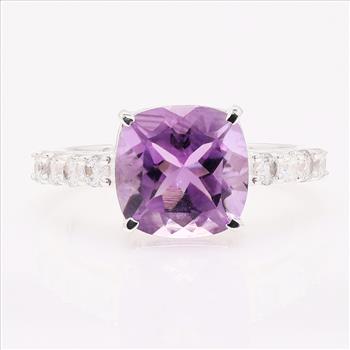 925 Sterling Silver 4.73 Ct Cushion Amethyst Cubic Zirconia Ring 7.5 US Ring Size
