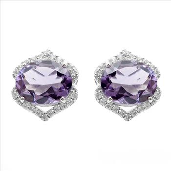 925 Sterling Silver 5.06 Ct Oval Amethyst White Zircon Earrings
