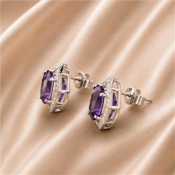 925 Sterling Silver 5.06 Ct Oval Amethyst White Zircon Earrings